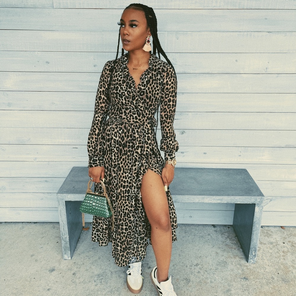 Animal Print Midi Wrap Dress In Dark Camel